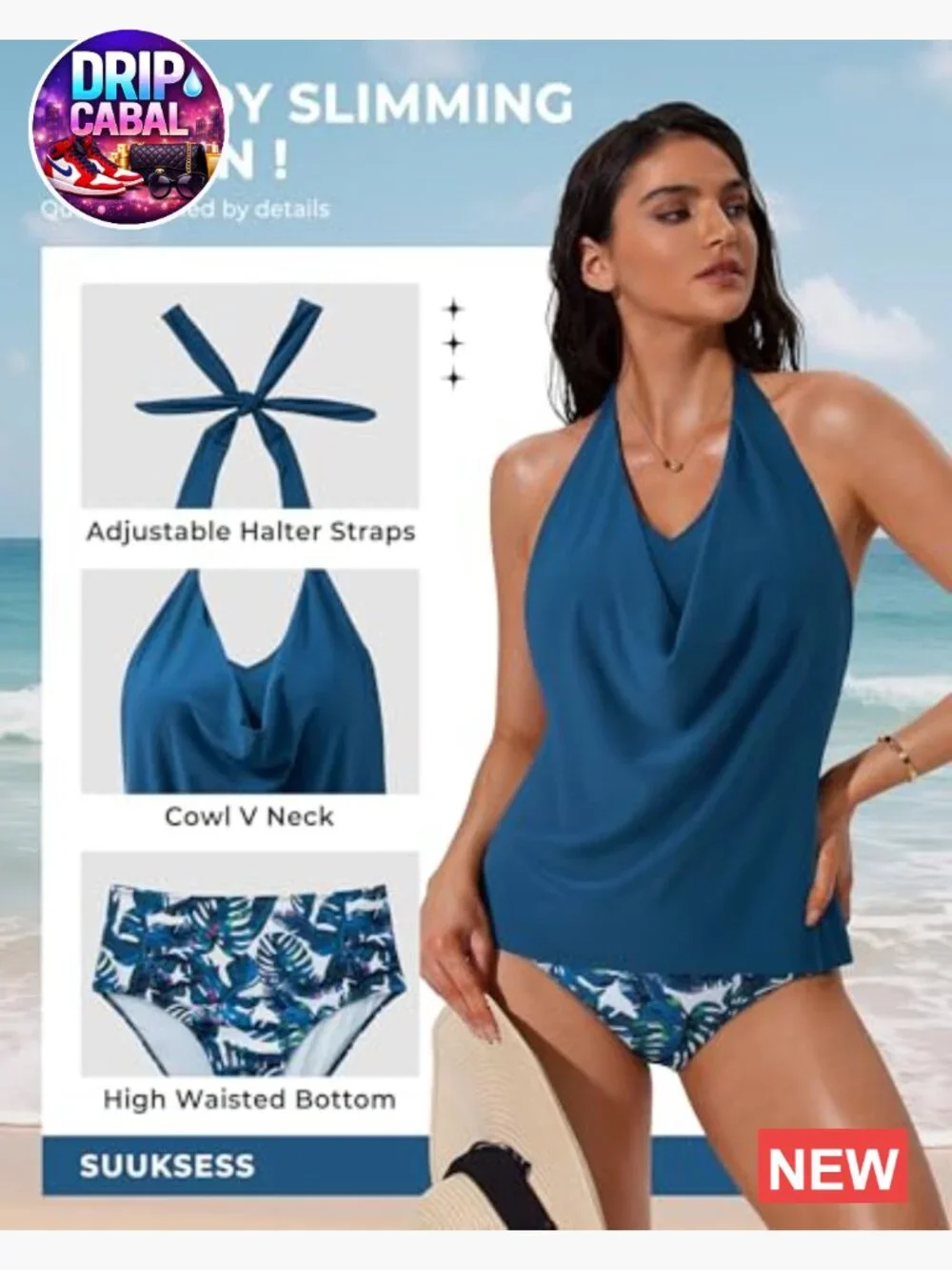Halter Tankini Swimsuit High Waist Cowl Neck 2 Piece Bathing Suit